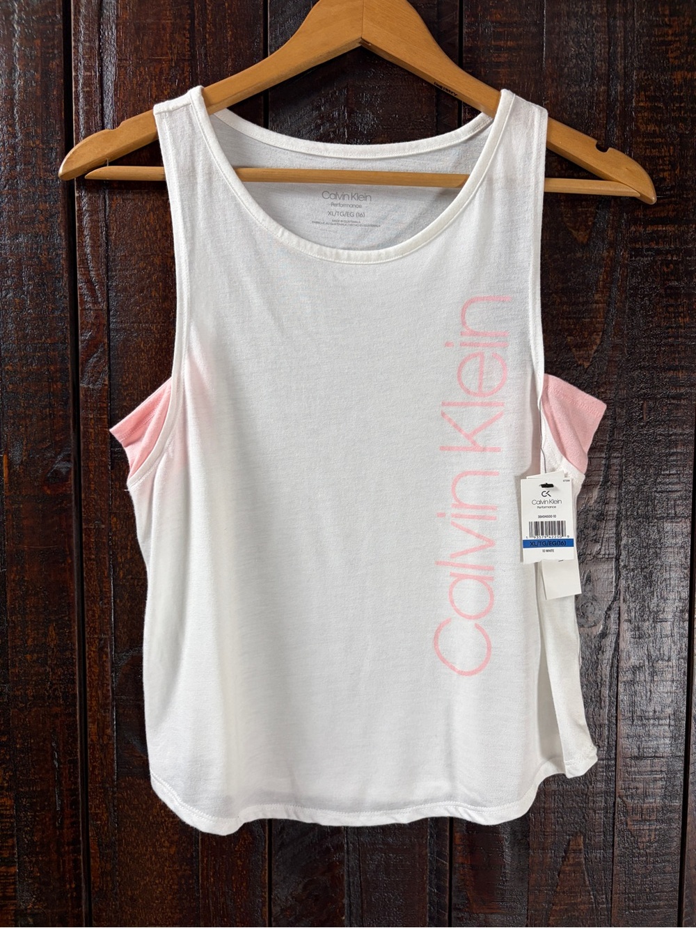 Calvin Klein Performance Girls White Tank Top with Pink Logo XL
